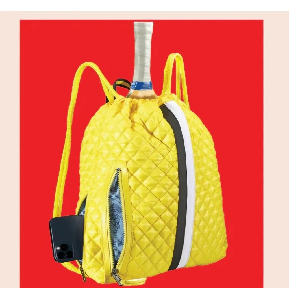 Oliver Thomas Tennis Backpack Drawstring Bag Cinch Yellow - Picture 2 of 15